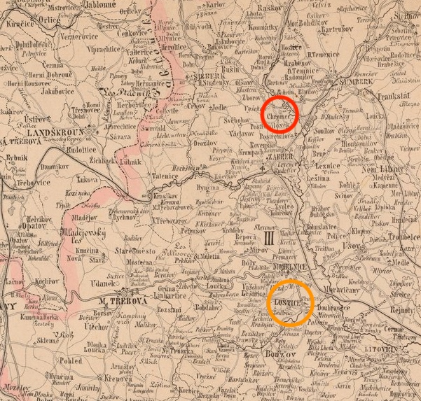 Výřez mapy severní Moravy. Červeně označen Chromeč, oranžově Loštice....